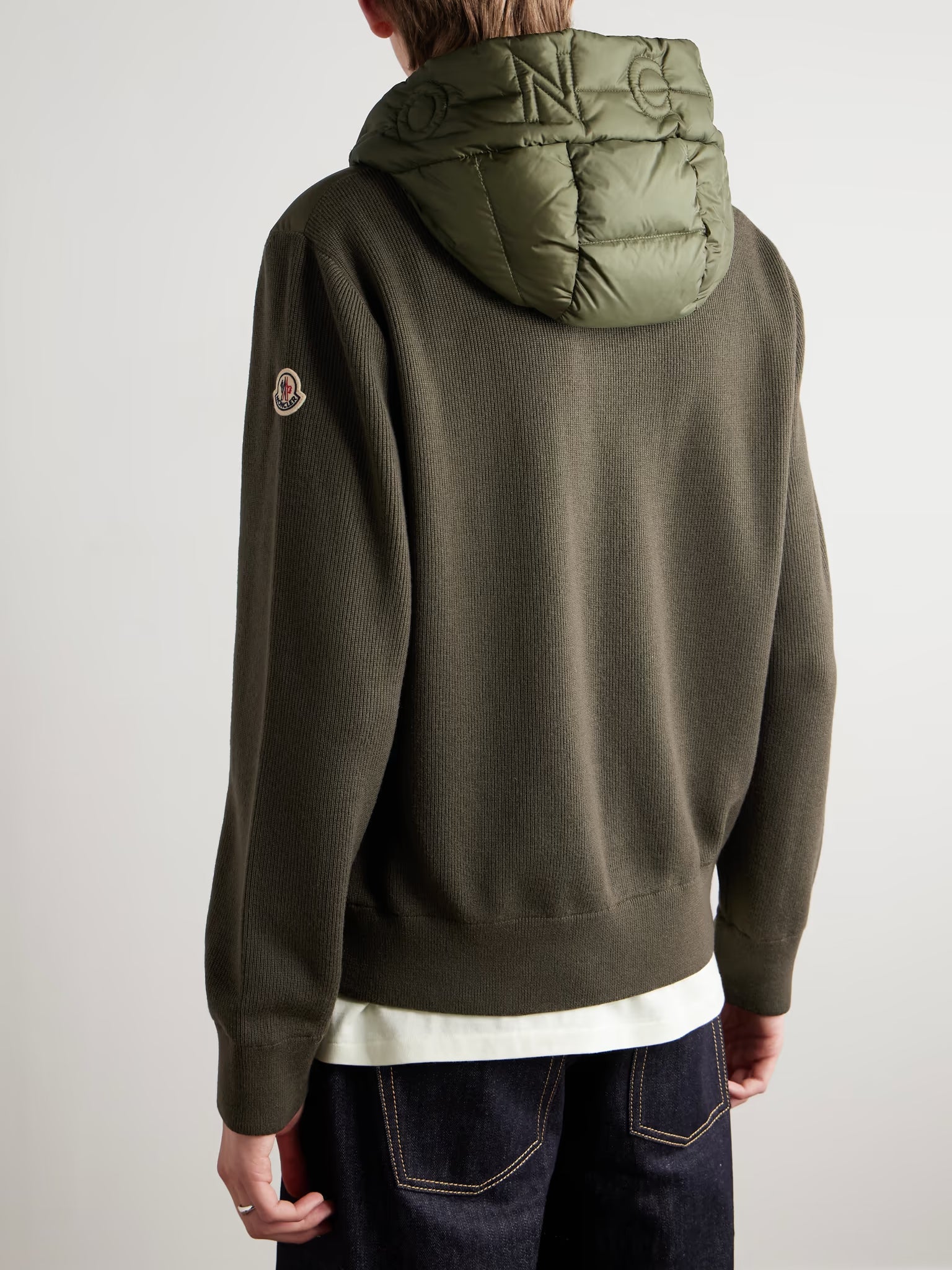 Logo-Appliquéd Wool-Trimmed Quilted Shell Hooded Down Zip-Up Cardigan