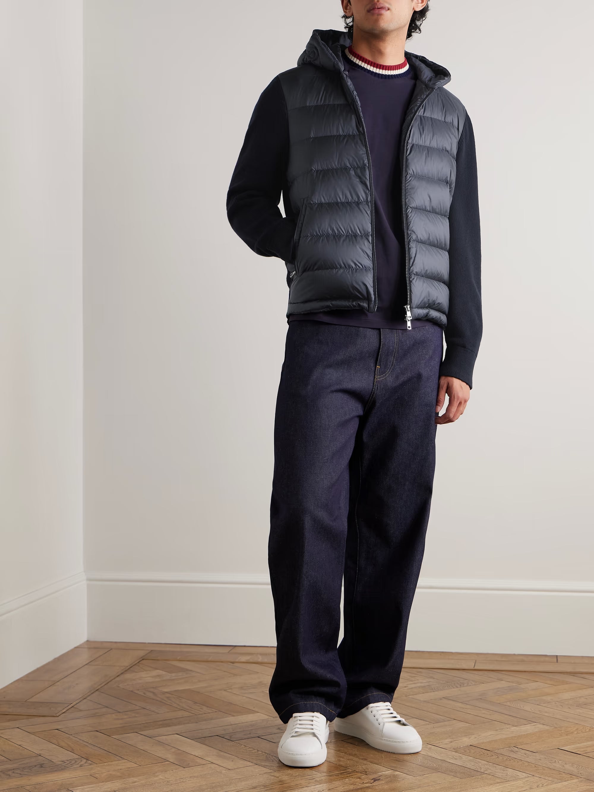 Logo-Appliquéd Wool-Trimmed Quilted Shell Hooded Down Zip-Up Cardigan