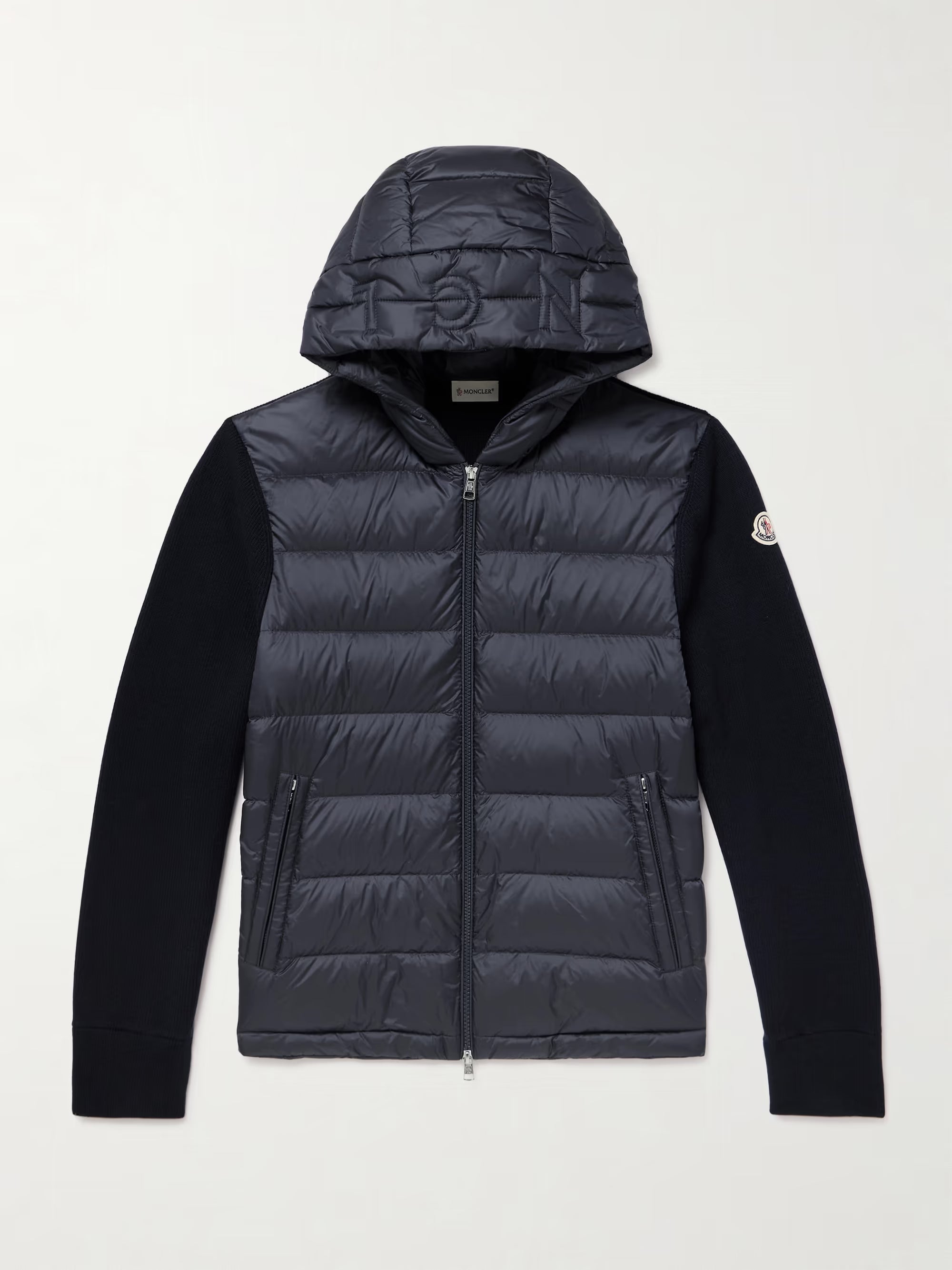 Logo-Appliquéd Wool-Trimmed Quilted Shell Hooded Down Zip-Up Cardigan